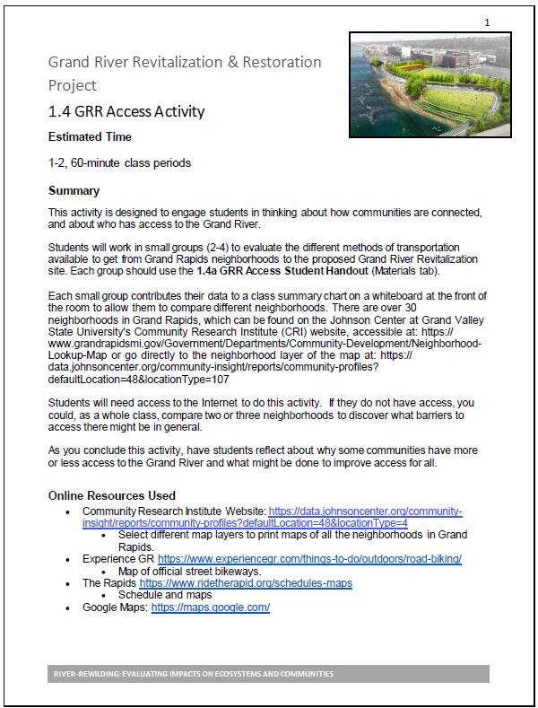 Page 1 of the lesson plan 1.4 River Access Activity